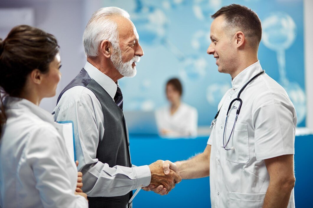 Businessman doctor shaking hands - fuse body and mind